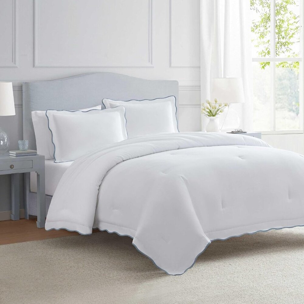 NEW Martha Stewart Cotton Percale 3 Piece King Comforter Set Blue Scallop